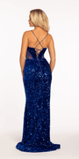 Velvet Sequin Plunge Trumpet Dress with Illusion Side Panels - Camille La Vie