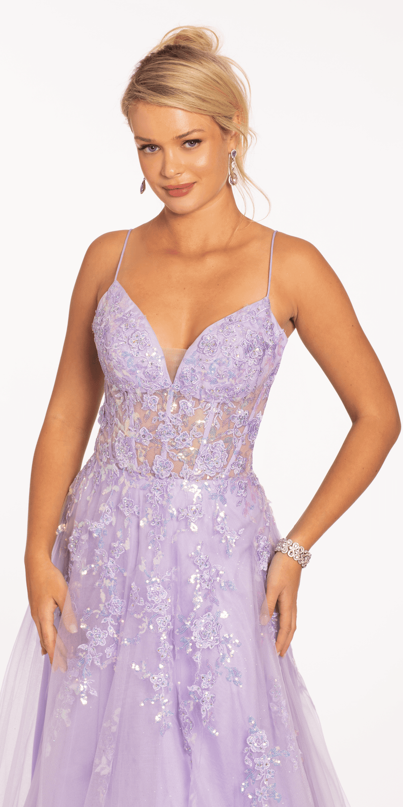 Sweetheart Plunging Mesh Corset Ballgown with Embellished Appliques - Camille La Vie