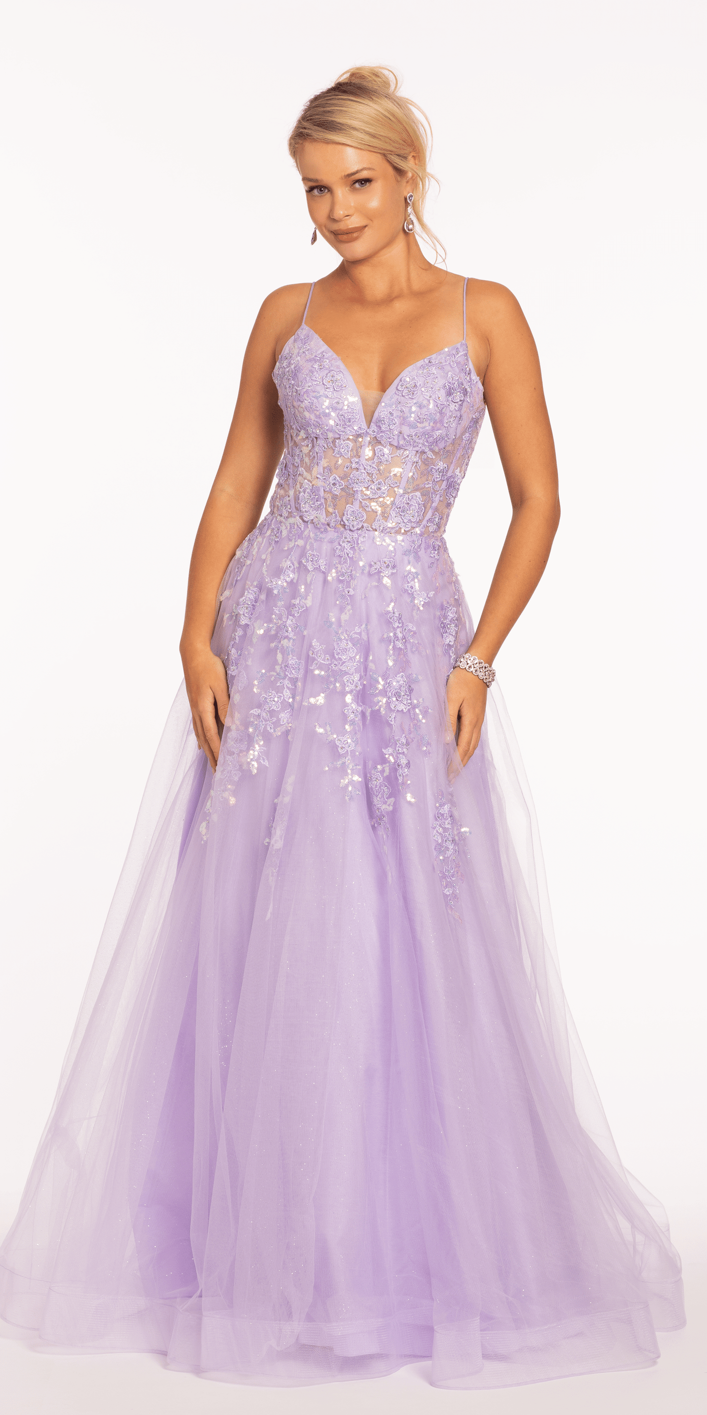 Sweetheart Plunging Mesh Corset Ballgown with Embellished Appliques - Camille La Vie