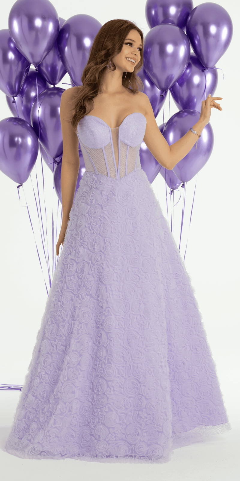 Rosette Glitter Mesh Plunging Corset Ballgown - Camille La Vie