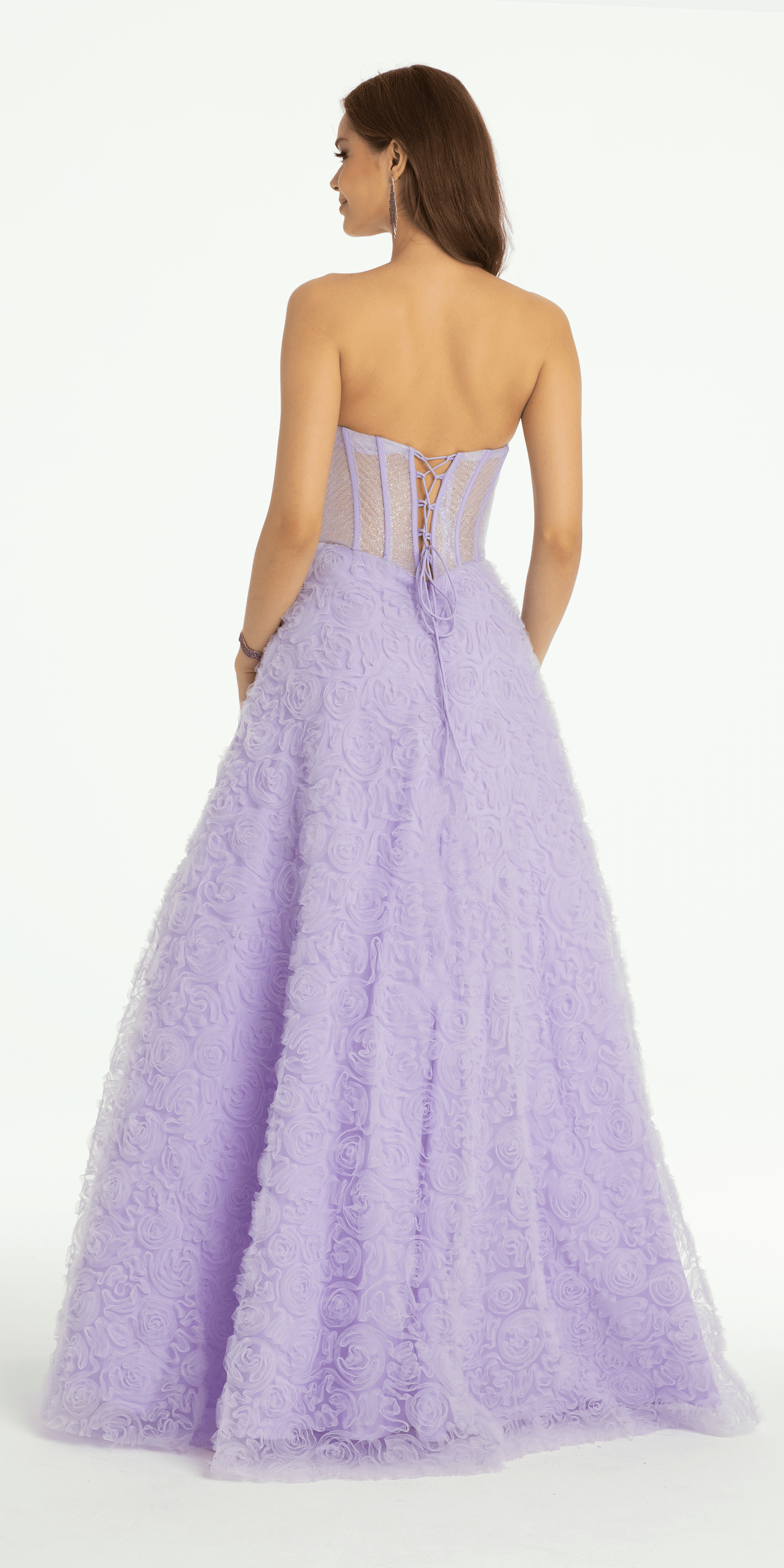 Rosette Glitter Mesh Plunging Corset Ballgown - Camille La Vie