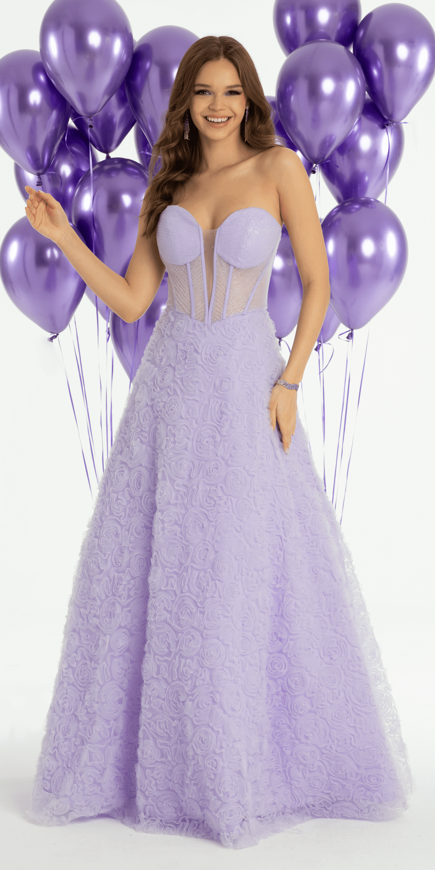 Rosette Glitter Mesh Plunging Corset Ballgown - Camille La Vie