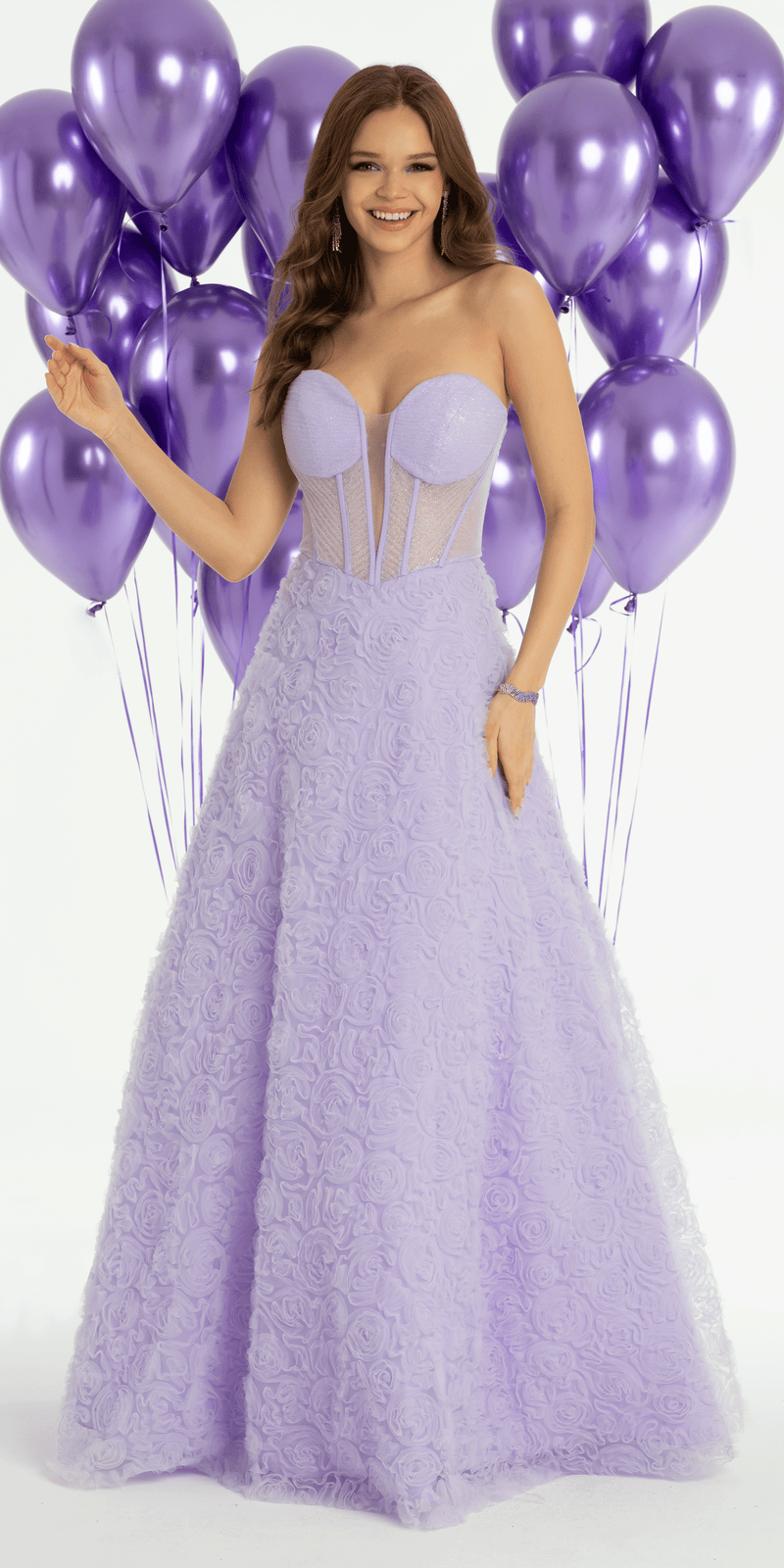 Rosette Glitter Mesh Plunging Corset Ballgown - Camille La Vie