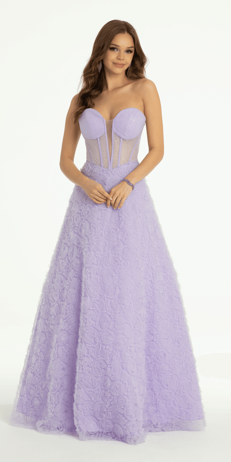Rosette Glitter Mesh Plunging Corset Ballgown - Camille La Vie