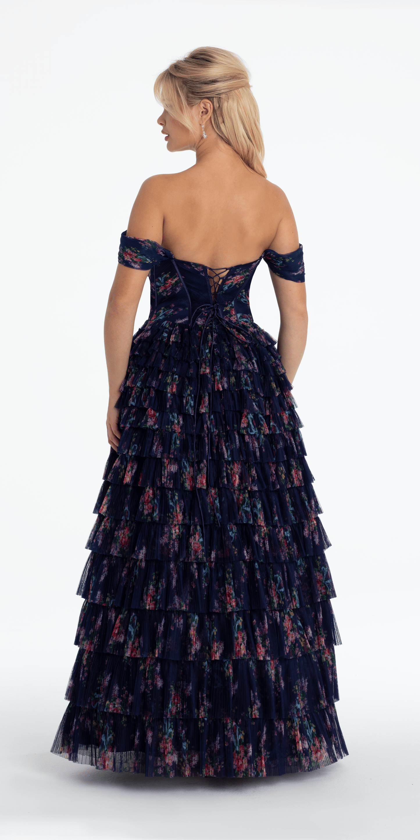 Print Mesh Off the Shoulder Tiered Corset Ballgown - Camille La Vie