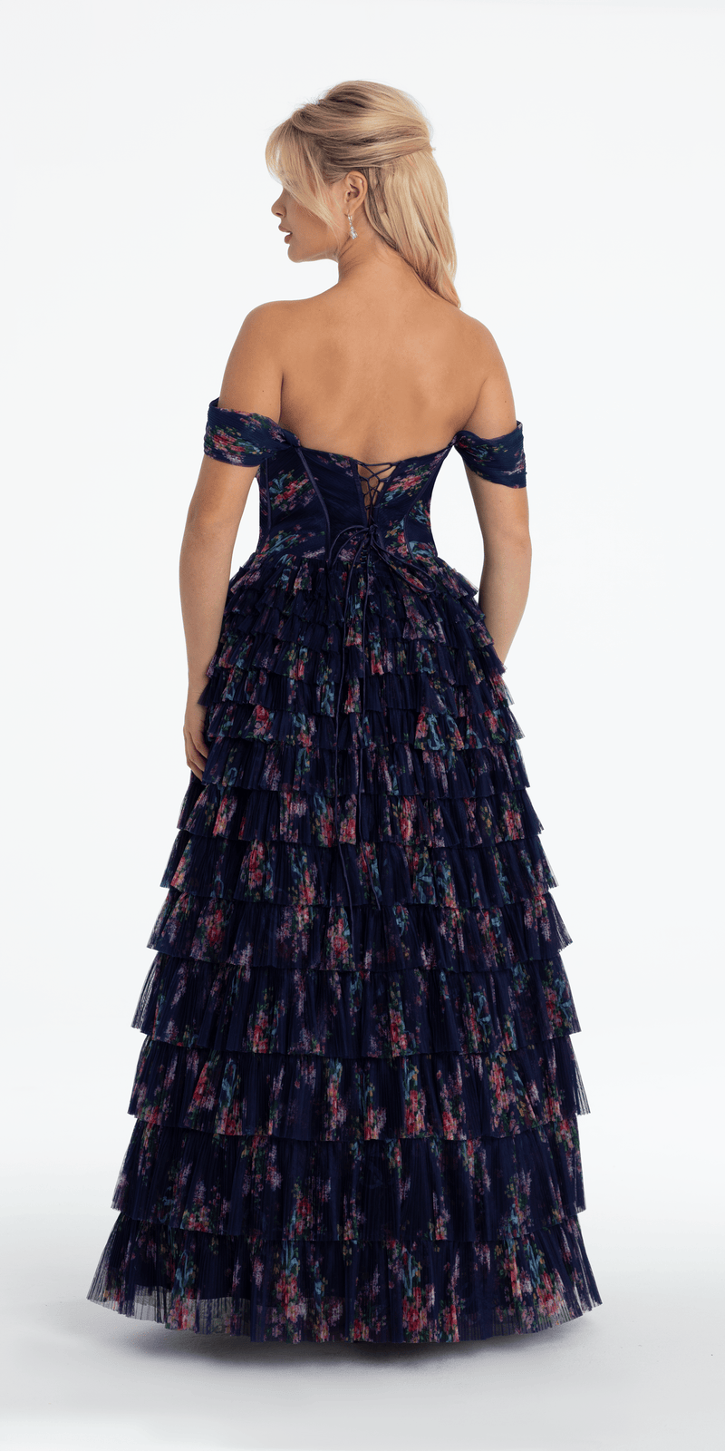 Print Mesh Off the Shoulder Tiered Corset Ballgown - Camille La Vie