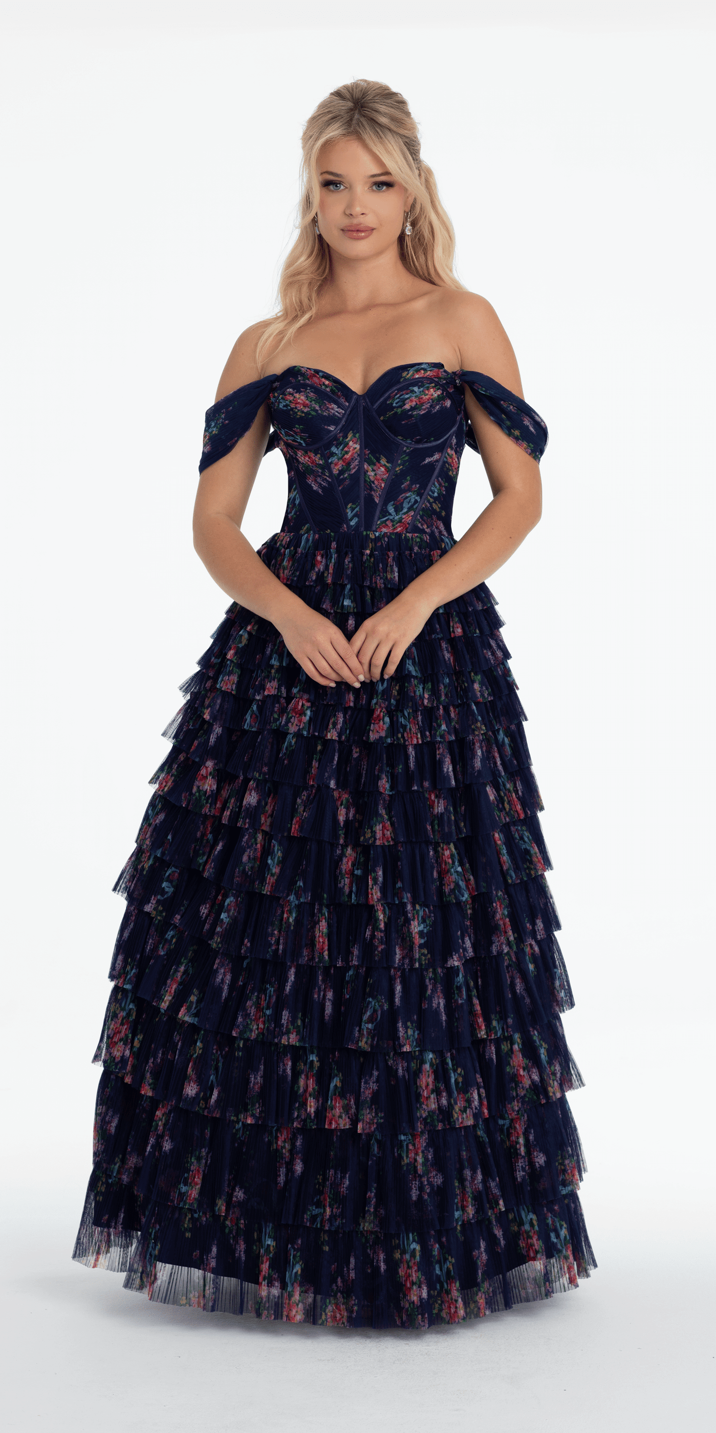 Print Mesh Off the Shoulder Tiered Corset Ballgown - Camille La Vie
