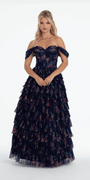 Print Mesh Off the Shoulder Tiered Corset Ballgown - Camille La Vie