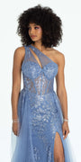 One Shoulder Floral Glitter Column Dress with Hostess Skirt - Camille La Vie