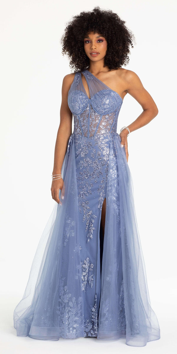 One Shoulder Floral Glitter Column Dress with Hostess Skirt - Camille La Vie