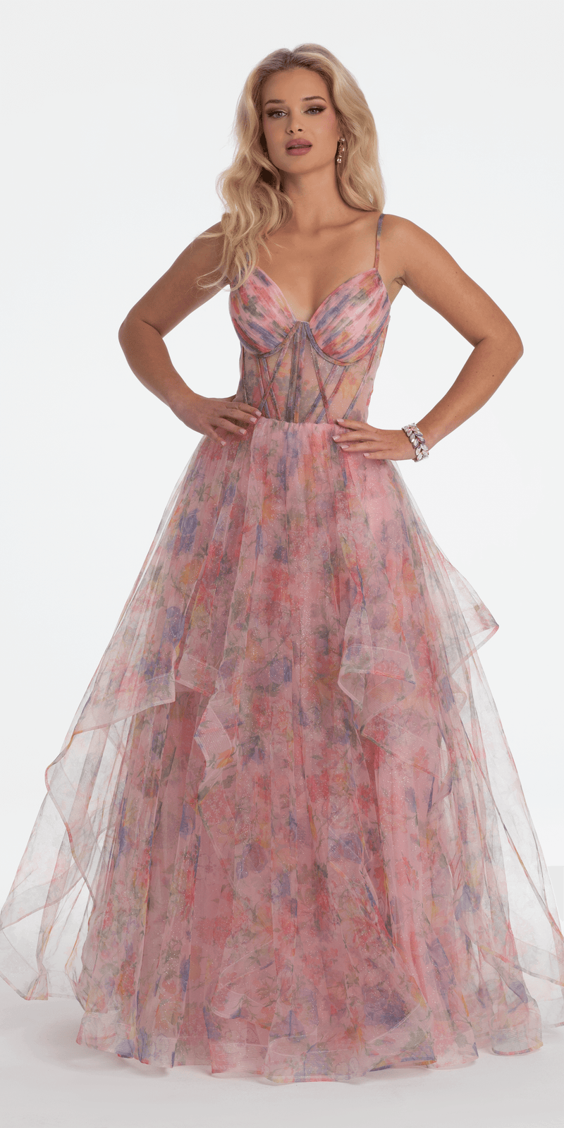 Floral Sweetheart Tiered Lace Up Back Corset Ballgown - Camille La Vie