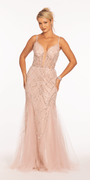 Sunburst Pearl Plunging Corset Mermaid Dress with Godets - Camille La Vie