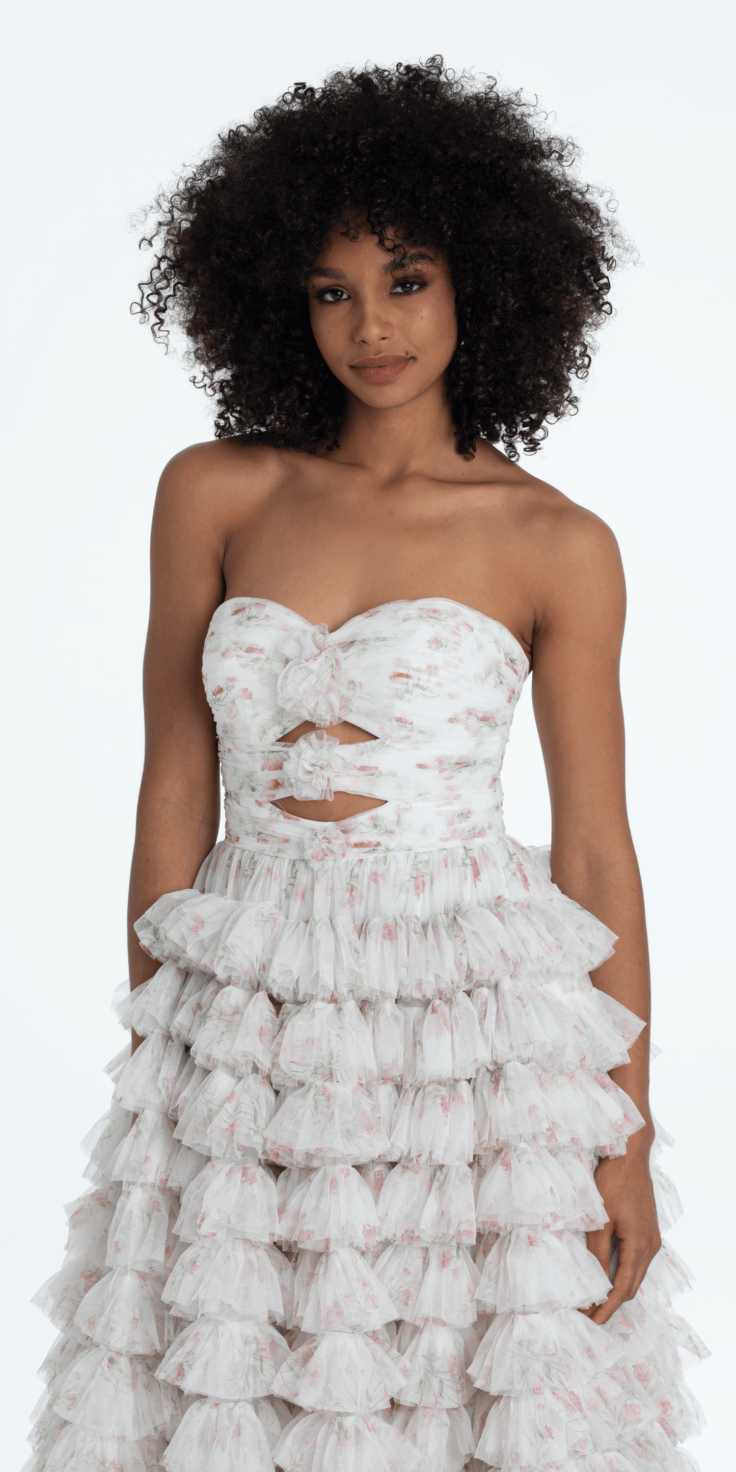 Sweetheart Triple Rose Peek-a-Boo Floral Mesh Tiered Ballgown - Camille La Vie