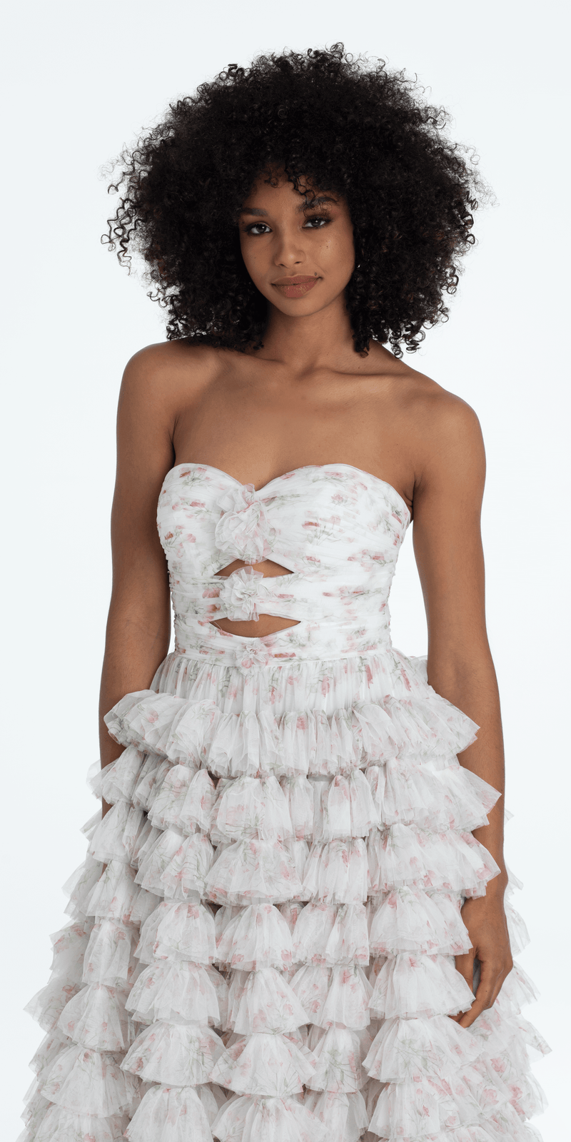 Sweetheart Triple Rose Peek-a-Boo Floral Mesh Tiered Ballgown - Camille La Vie