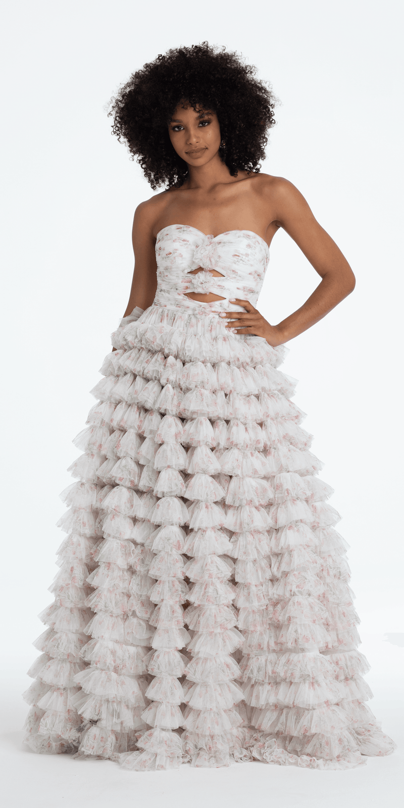 Sweetheart Triple Rose Peek-a-Boo Floral Mesh Tiered Ballgown - Camille La Vie