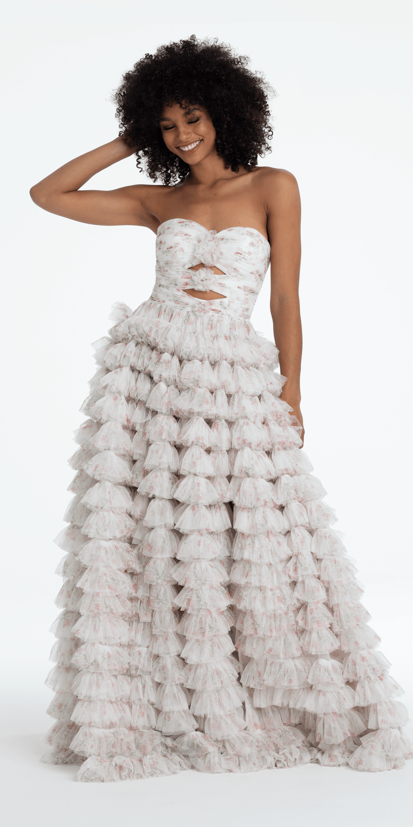 Sweetheart Triple Rose Peek-a-Boo Floral Mesh Tiered Ballgown - Camille La Vie