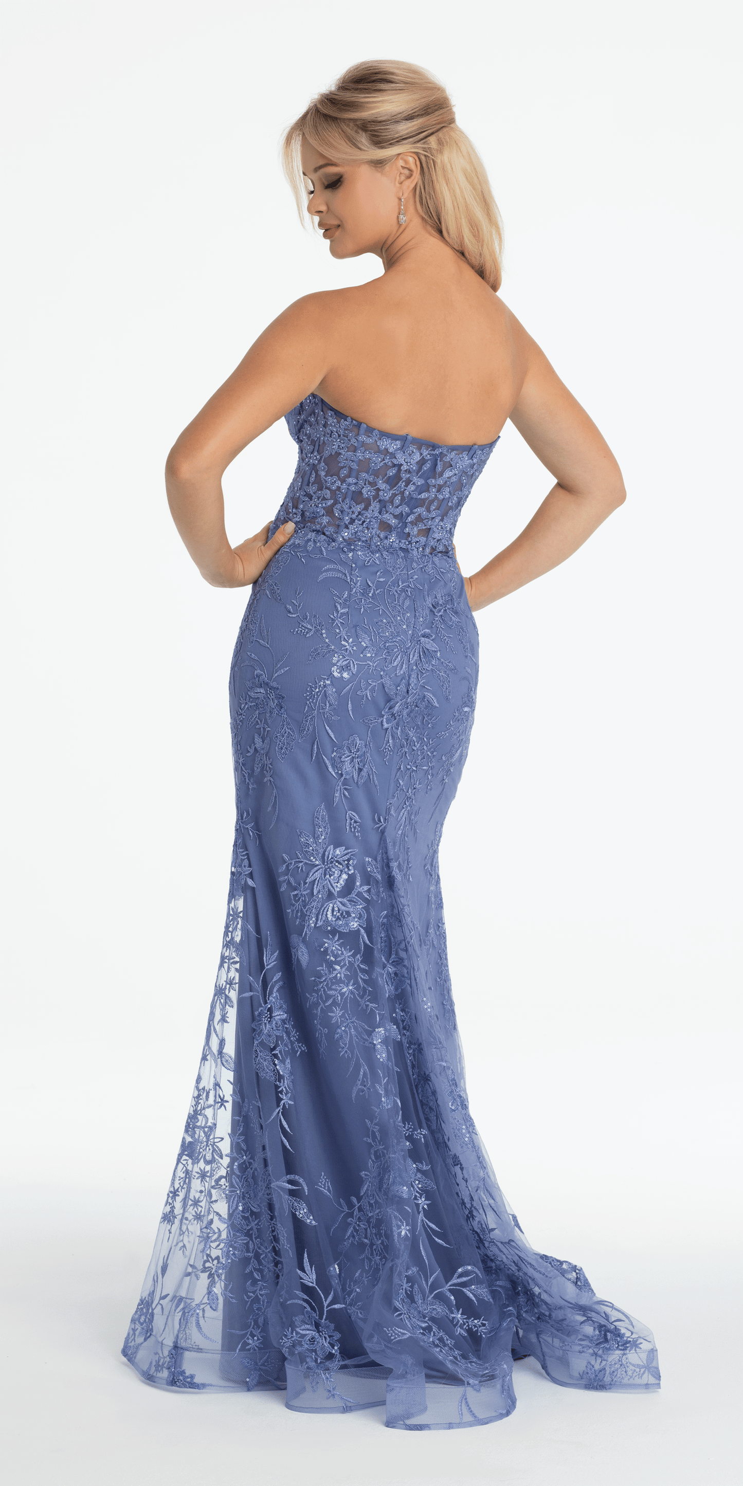 Strapless Plunge Embroidered Tulle Mermaid Dress - Camille La Vie