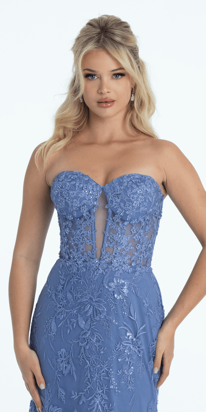 Strapless Plunge Embroidered Tulle Mermaid Dress - Camille La Vie