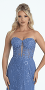 Strapless Plunge Embroidered Tulle Mermaid Dress - Camille La Vie