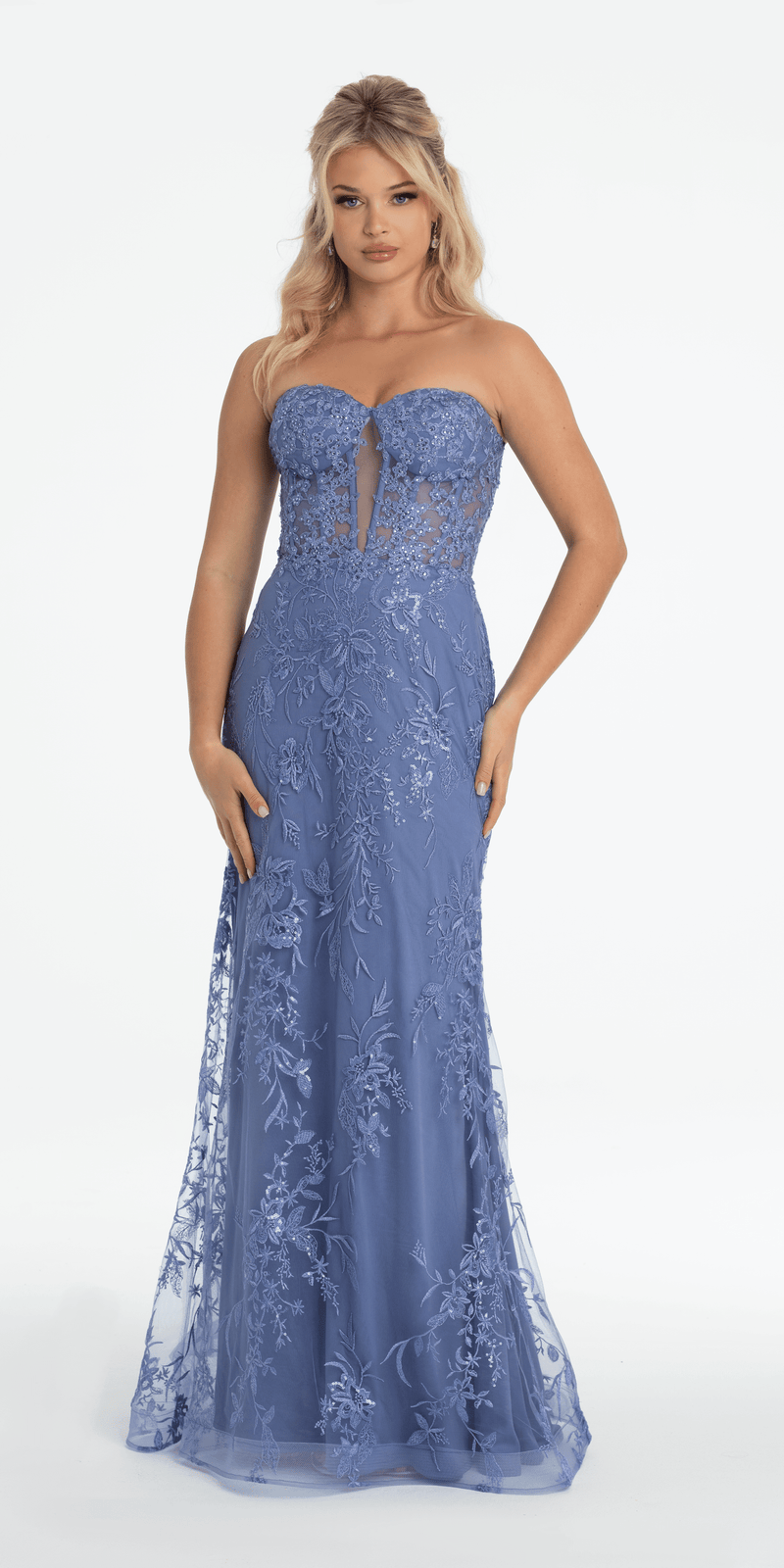 Strapless Plunge Embroidered Tulle Mermaid Dress - Camille La Vie