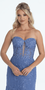 Strapless Plunge Embroidered Tulle Mermaid Dress - Camille La Vie