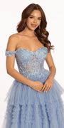 Off the Shoulder Mesh Applique Tiered Ballgown - Camille La Vie