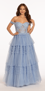 Off the Shoulder Mesh Applique Tiered Ballgown - Camille La Vie