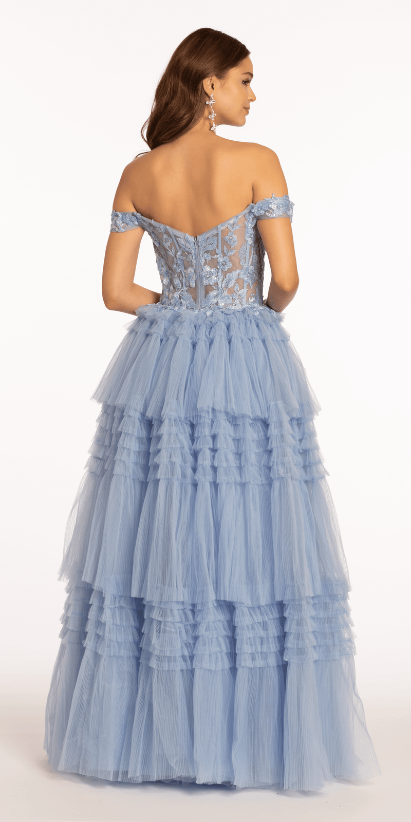 Off the Shoulder Mesh Applique Tiered Ballgown - Camille La Vie