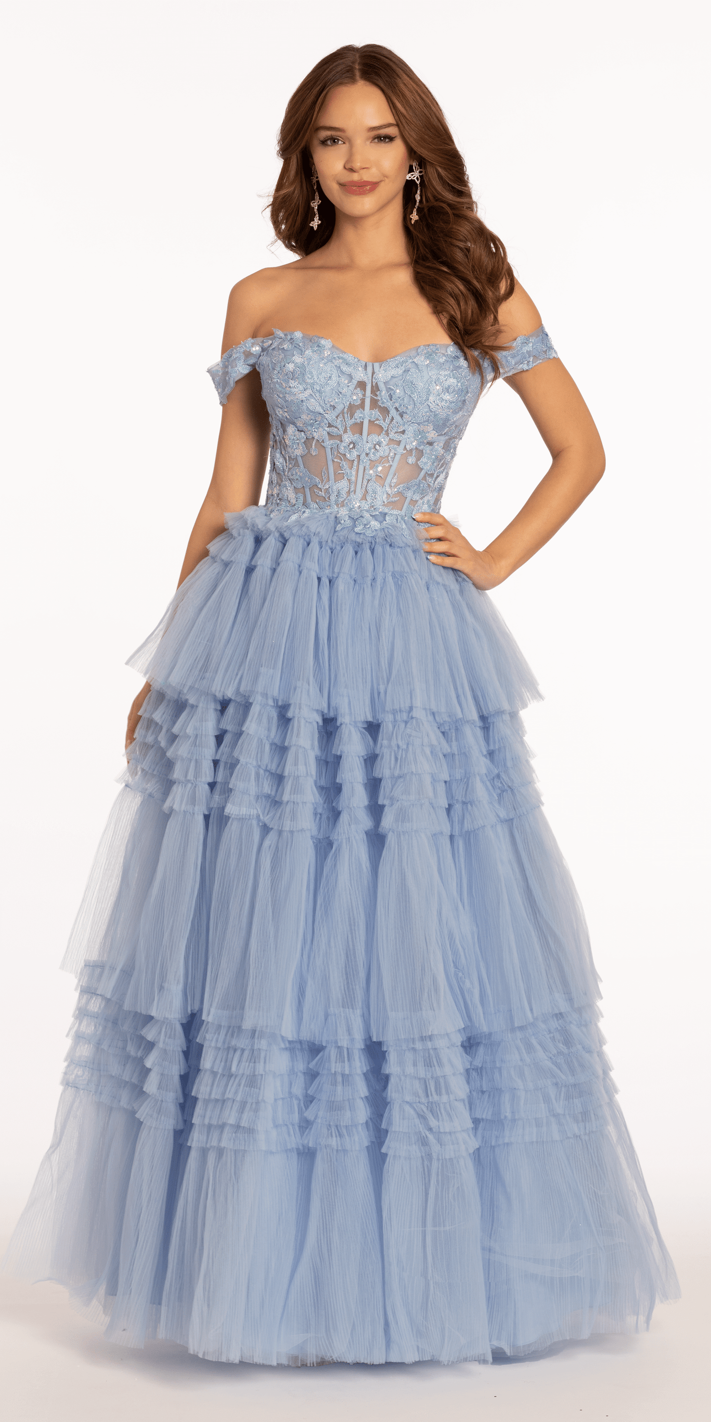 Off the Shoulder Mesh Applique Tiered Ballgown - Camille La Vie