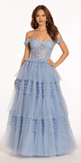 Off the Shoulder Mesh Applique Tiered Ballgown - Camille La Vie