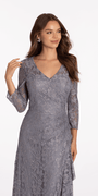 Lace V Neck 3/4Sleeve Column Dress with Ruching - Camille La Vie