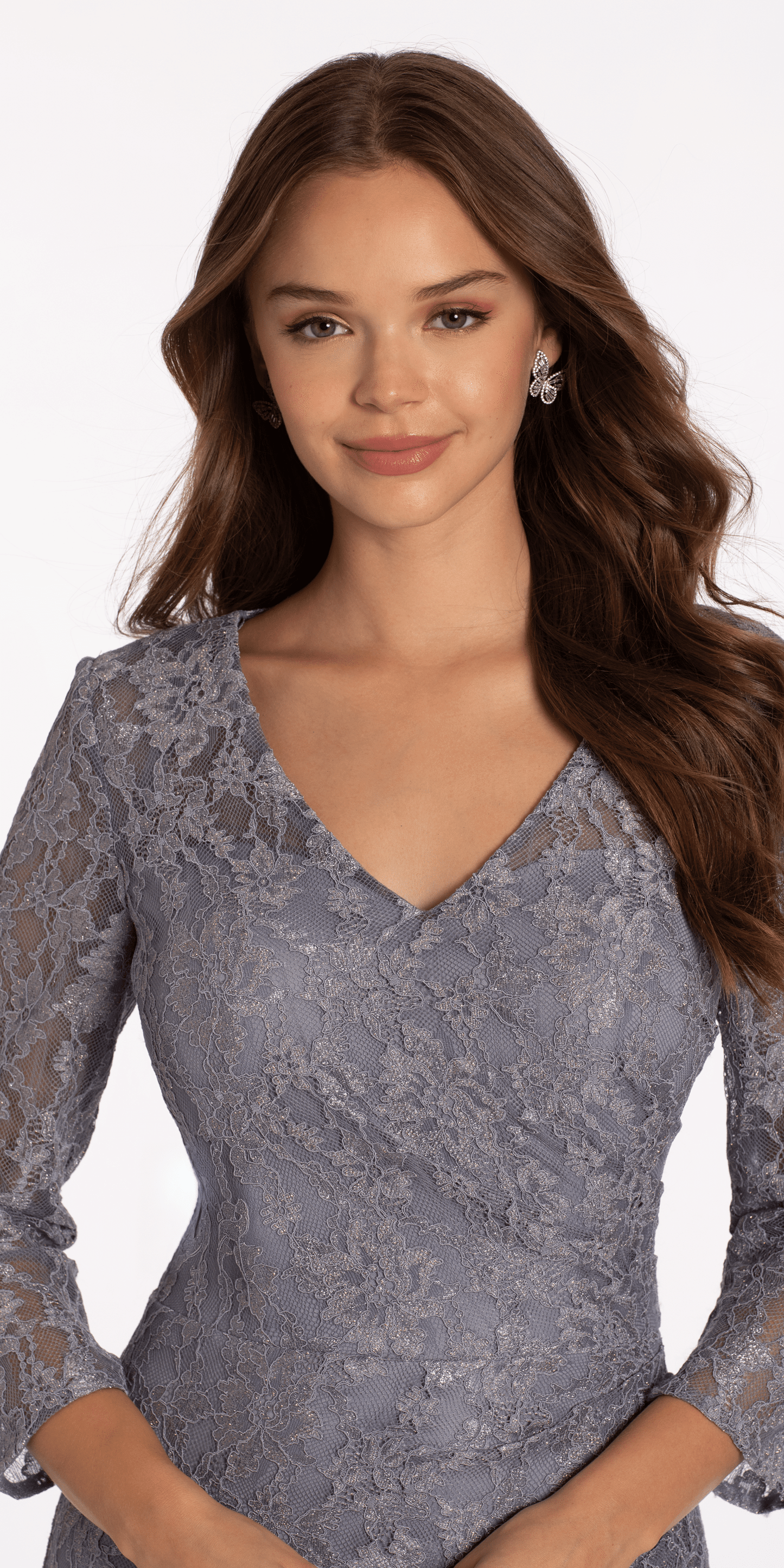 Lace V Neck 3/4Sleeve Column Dress with Ruching - Camille La Vie