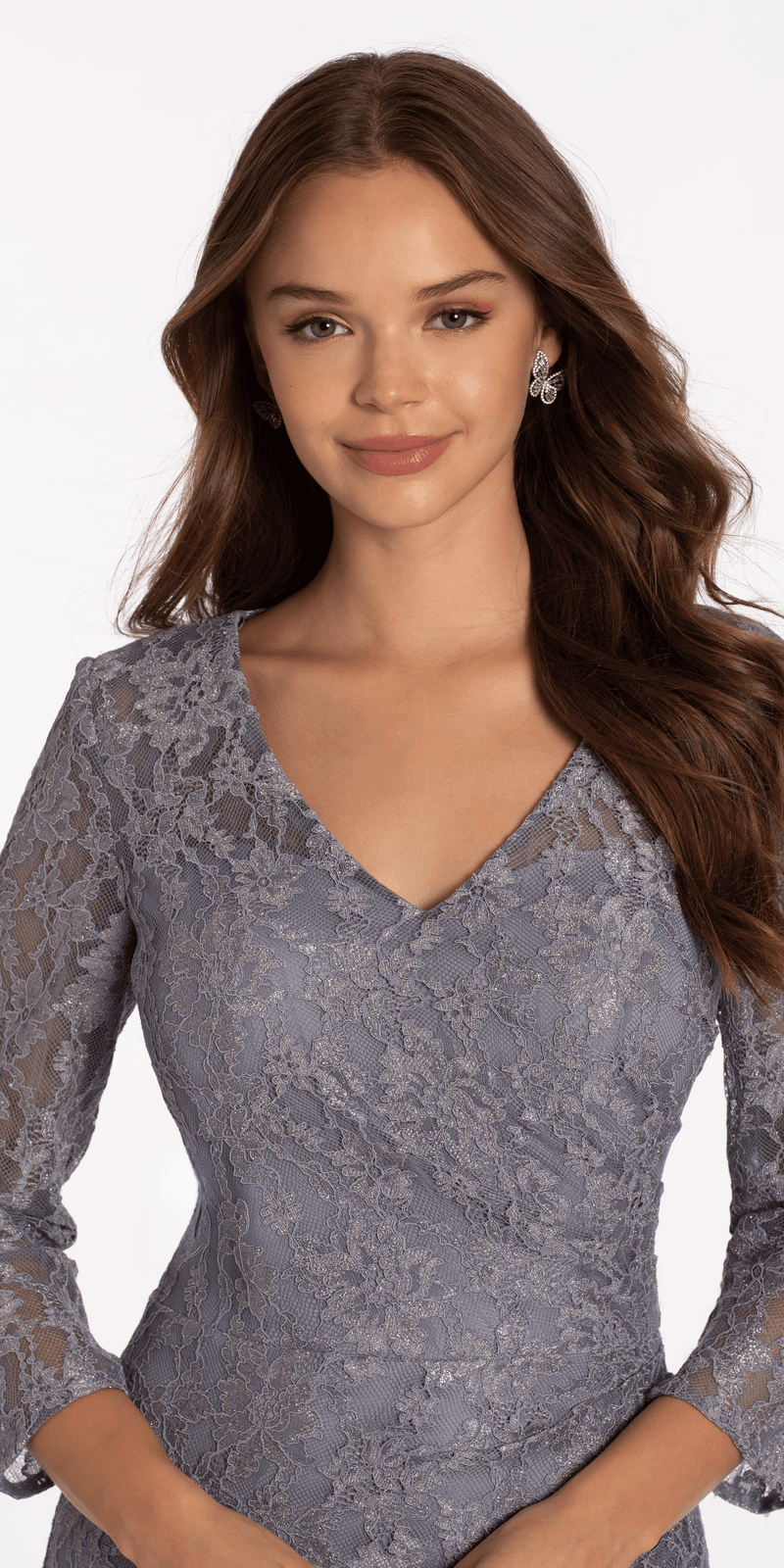 Lace V Neck 3/4Sleeve Column Dress with Ruching - Camille La Vie