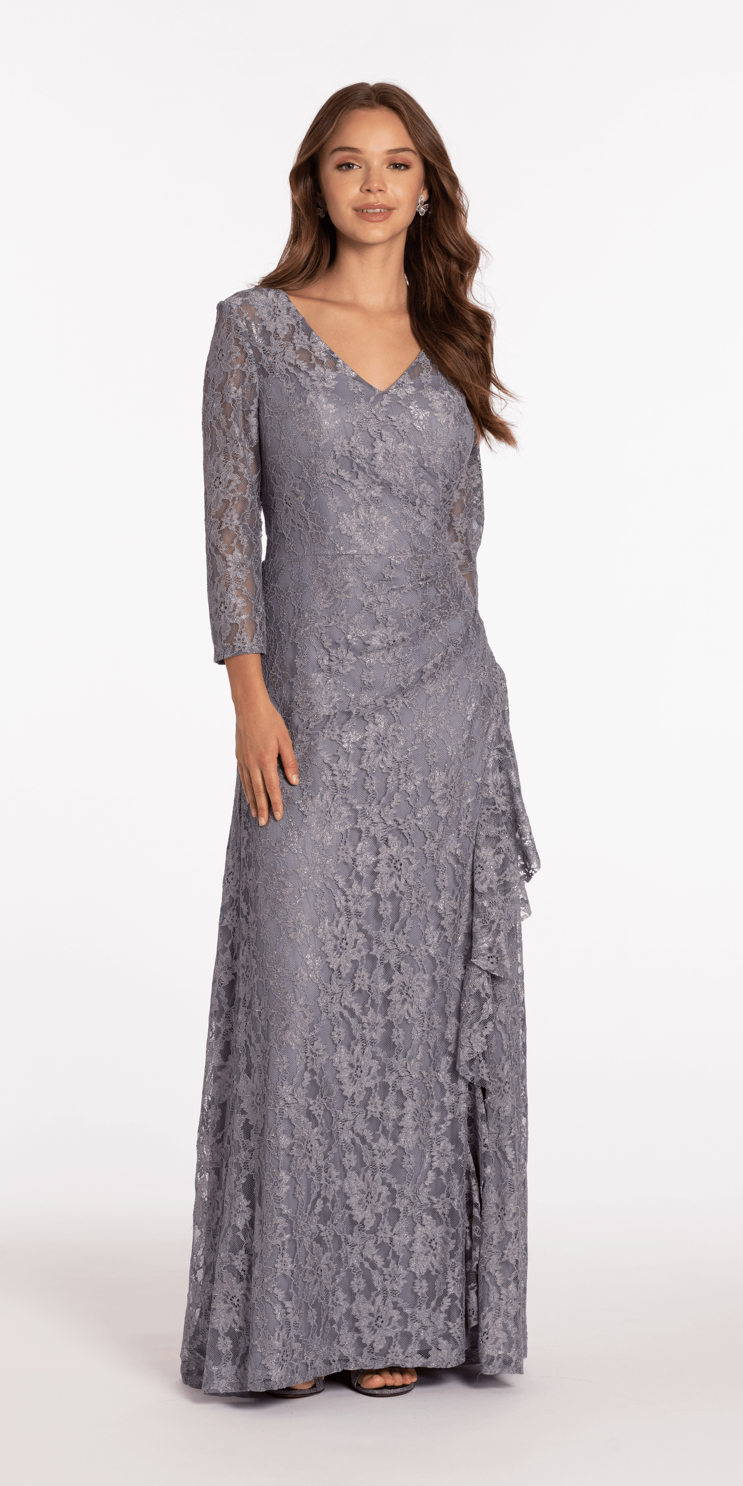 Lace V Neck 3/4Sleeve Column Dress with Ruching - Camille La Vie