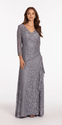 Lace V Neck 3/4Sleeve Column Dress with Ruching - Camille La Vie