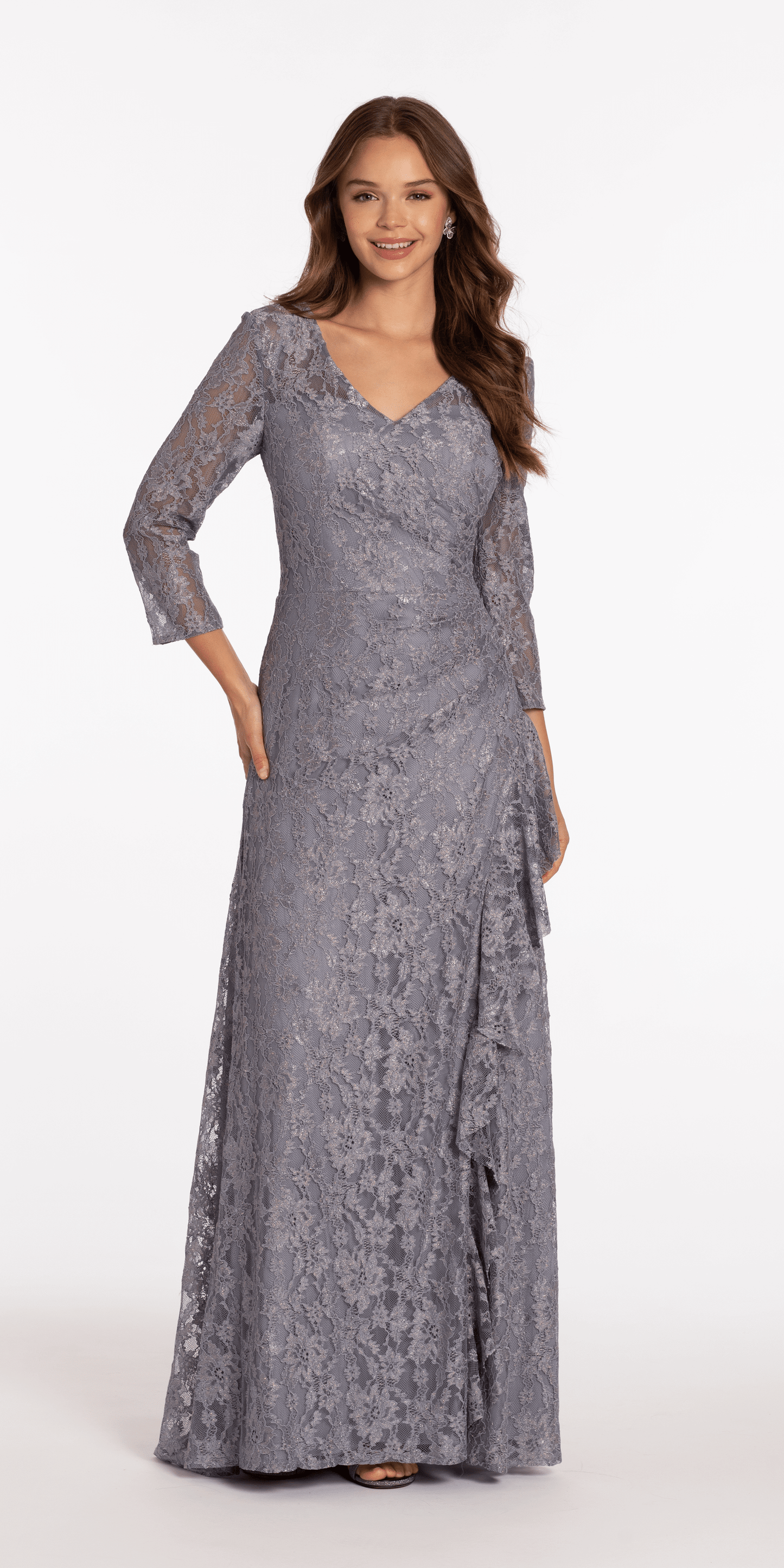 Lace V Neck 3/4Sleeve Column Dress with Ruching - Camille La Vie