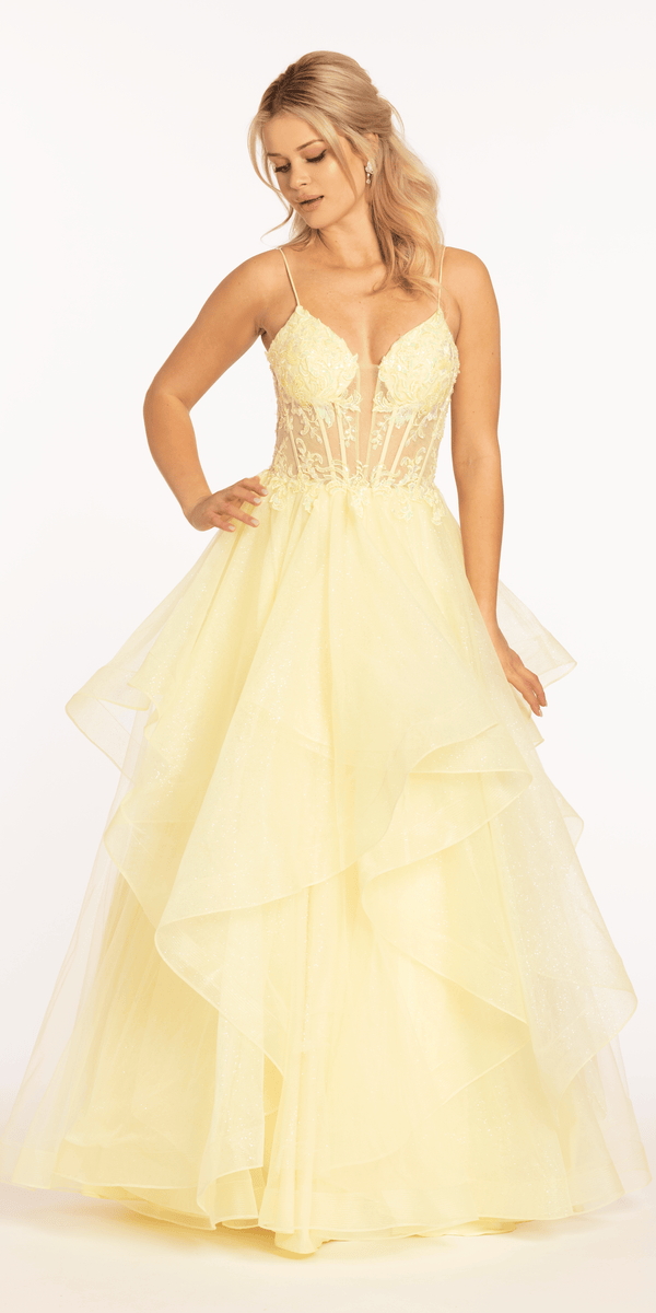 Embellished Plunging Glitter Tulle Corset Tiered Ballgown - Camille La Vie