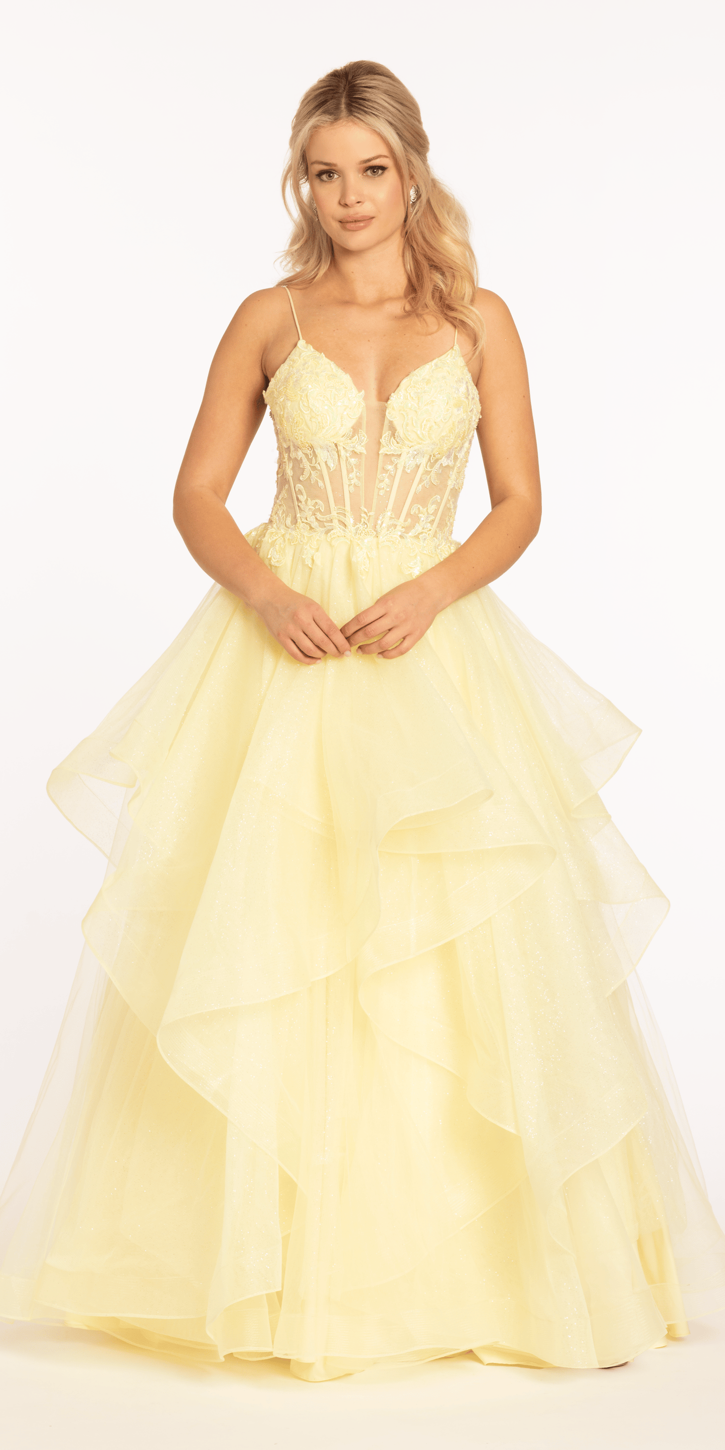 Embellished Plunging Glitter Tulle Corset Tiered Ballgown - Camille La Vie