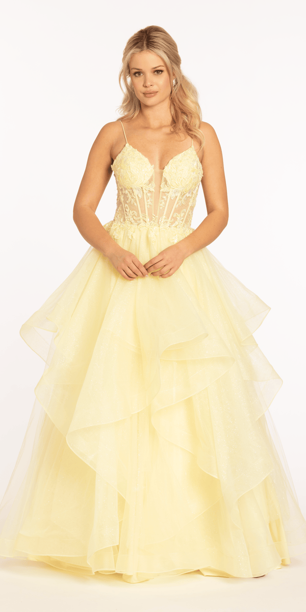 Embellished Plunging Glitter Tulle Corset Tiered Ballgown - Camille La Vie