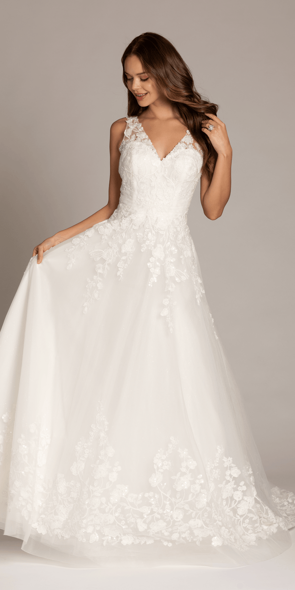 ivory/size/4/missy/Camille La Vie/Tulle V Neck Ballgown with Floral Applique Hemline and Pockets /front alt 2