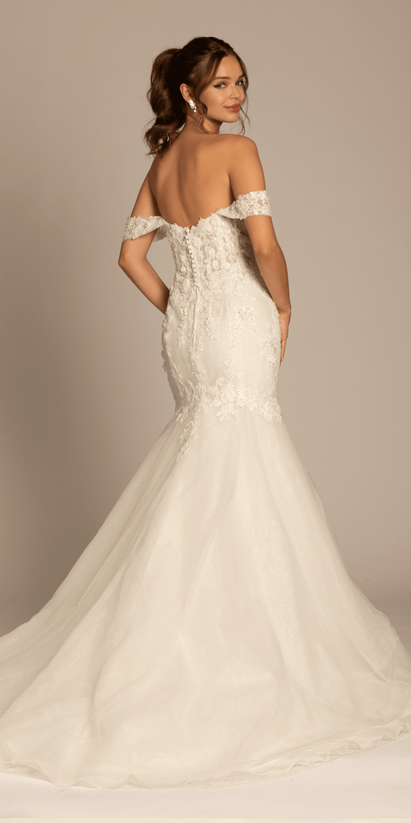 Floral Applique Off the Shoulder Glitter Tulle Mermaid Dress - Camille La Vie