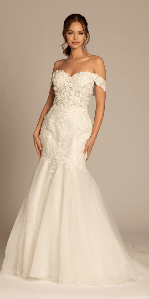 Floral Applique Off the Shoulder Glitter Tulle Mermaid Dress - Camille La Vie