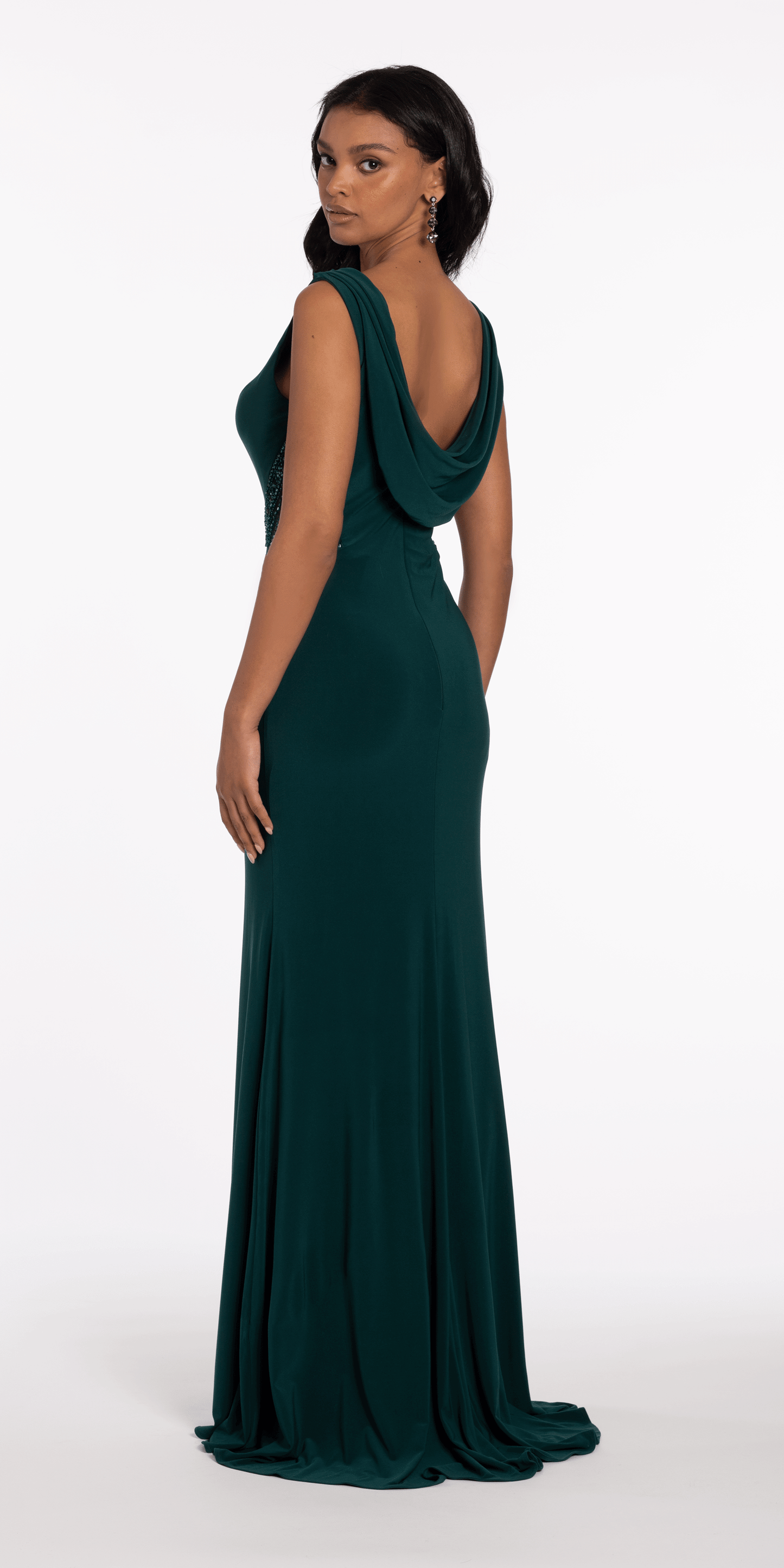 Jersey Drape Back Column Dress with Beaded Side Panels - Camille La Vie