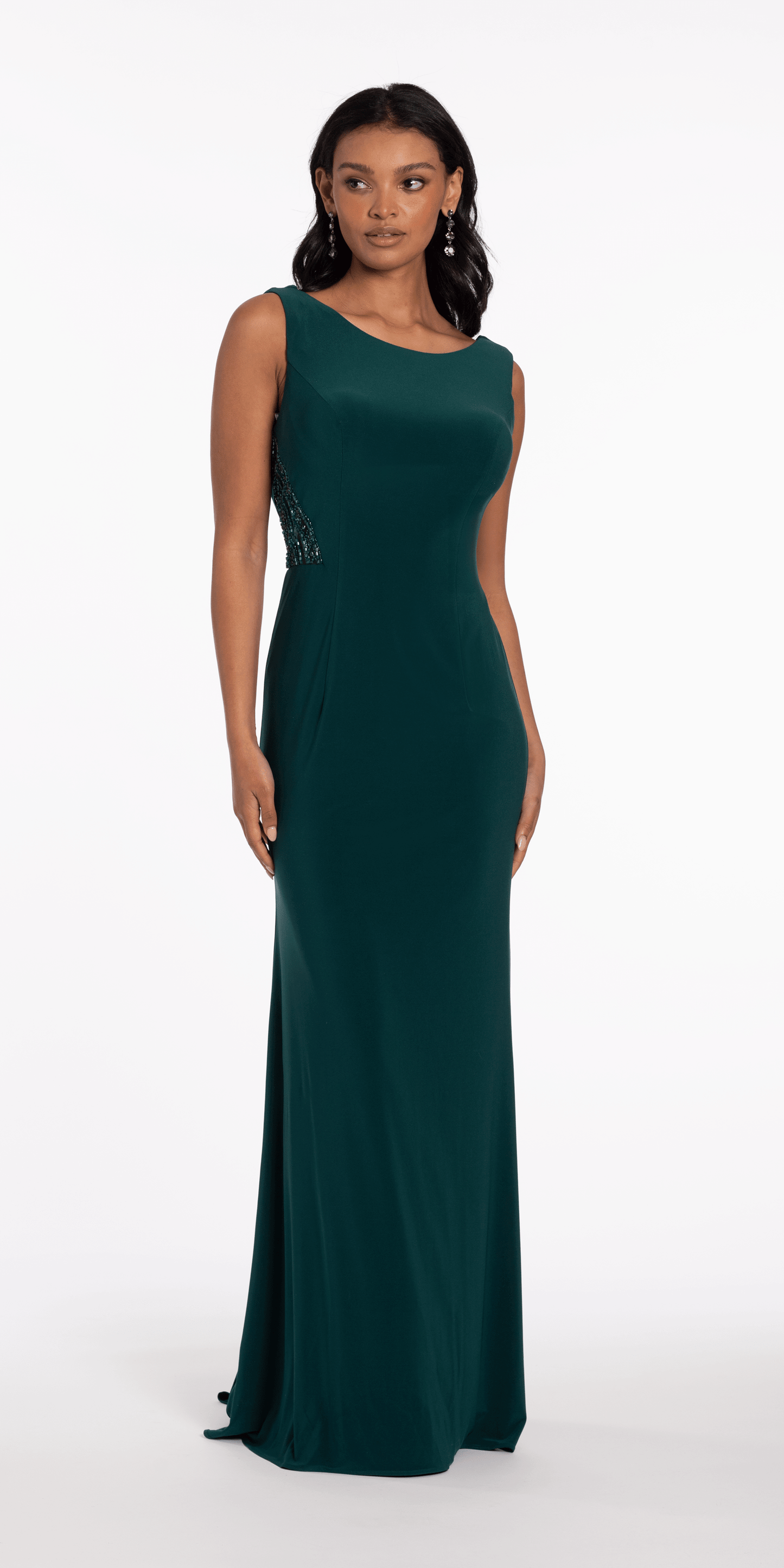 Jersey Drape Back Column Dress with Beaded Side Panels - Camille La Vie