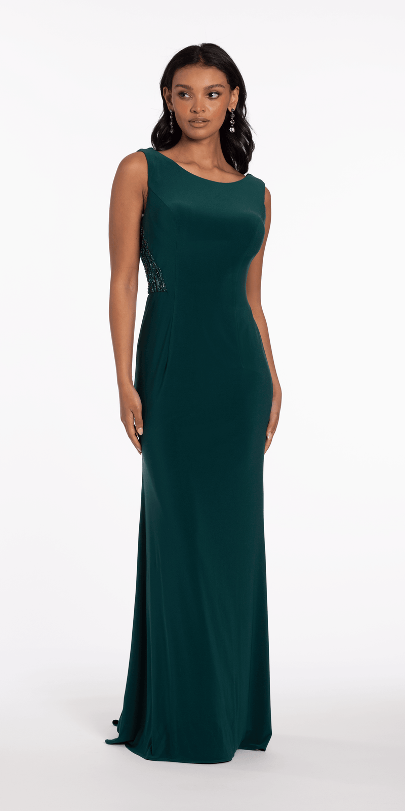 Jersey Drape Back Column Dress with Beaded Side Panels - Camille La Vie