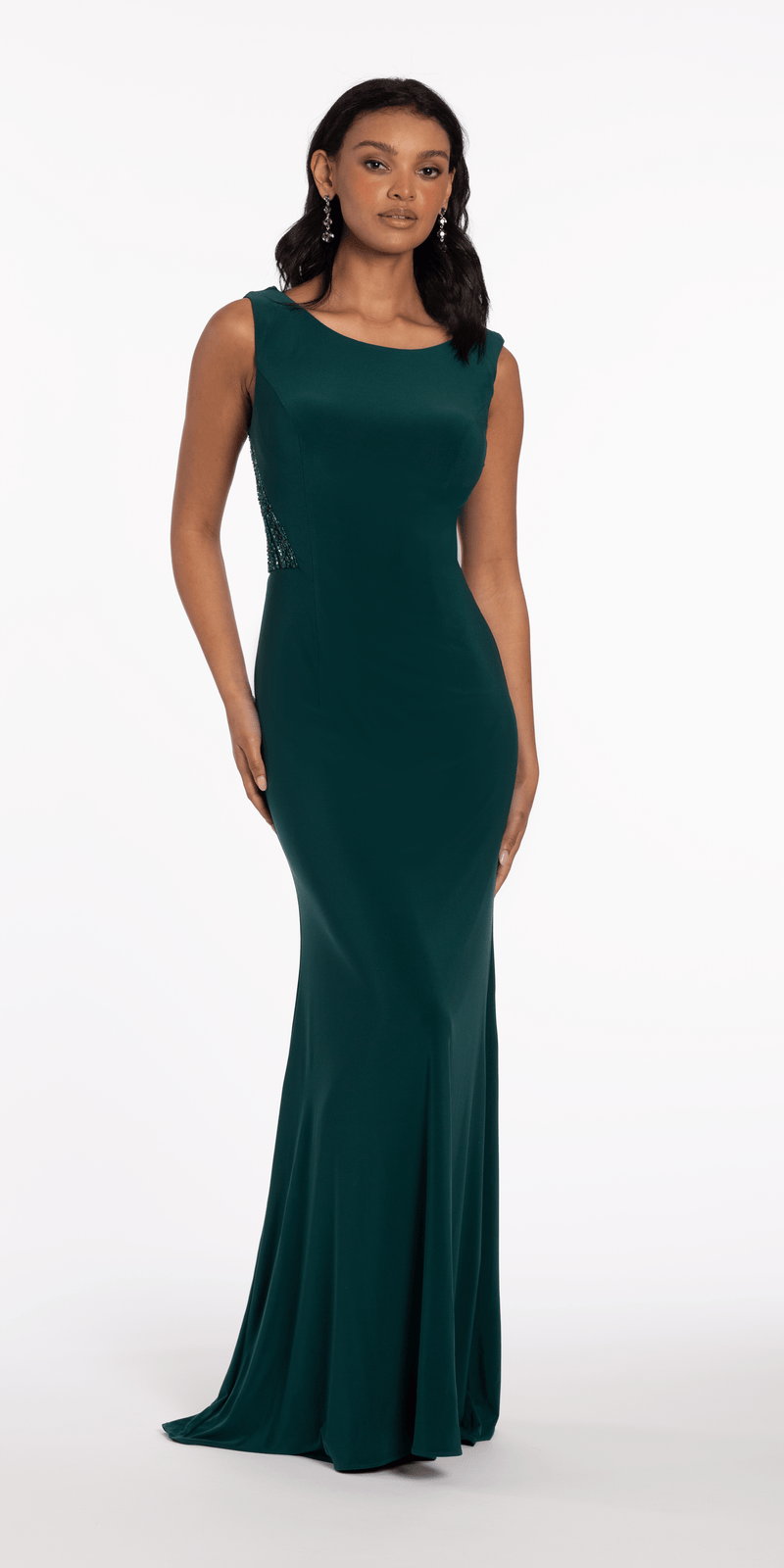 Jersey Drape Back Column Dress with Beaded Side Panels - Camille La Vie