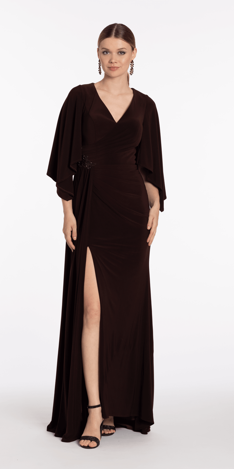 Jersey Cape Sleeve V Neck Faux Wrap Dress - Camille La Vie