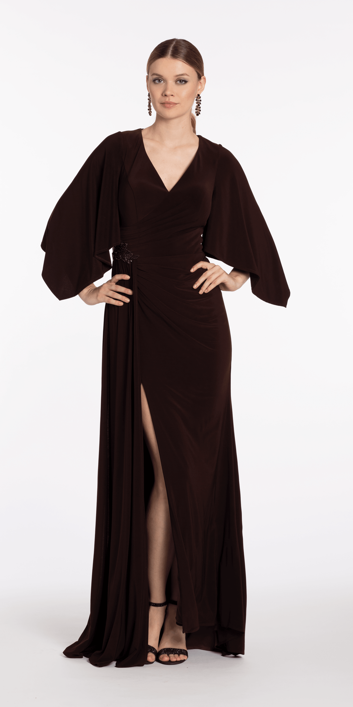 Jersey Cape Sleeve V Neck Faux Wrap Dress - Camille La Vie