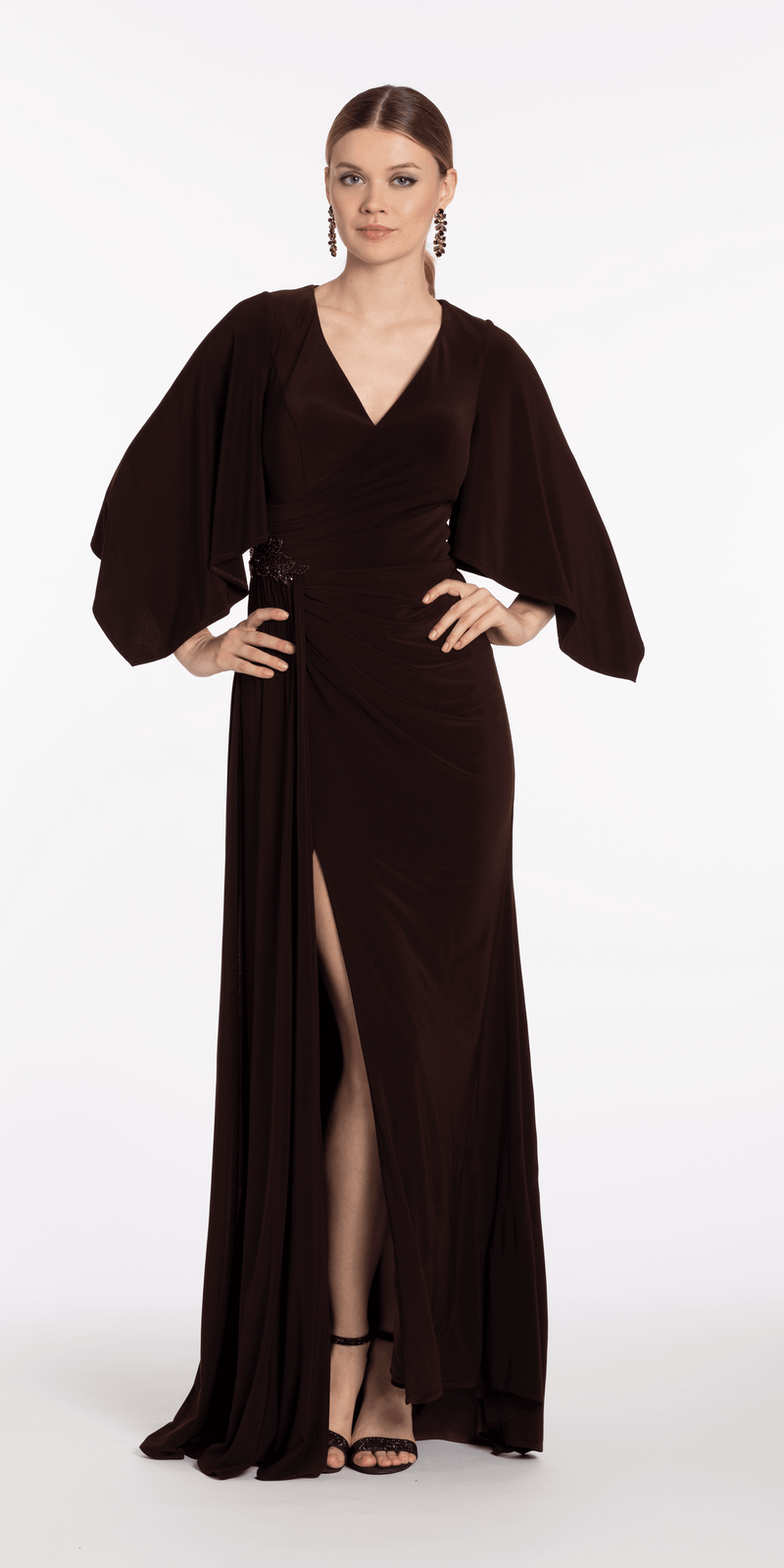 Jersey Cape Sleeve V Neck Faux Wrap Dress - Camille La Vie