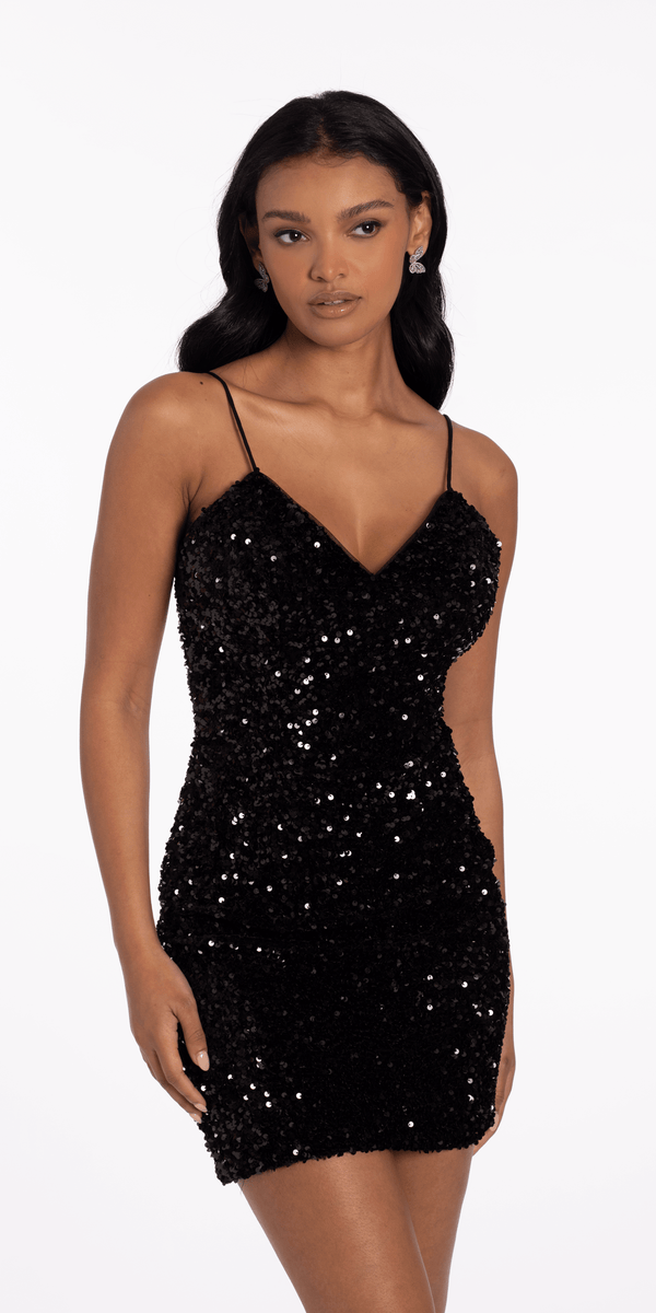 Velvet Sequin Lace Up Back Bodycon Dress - Camille La Vie